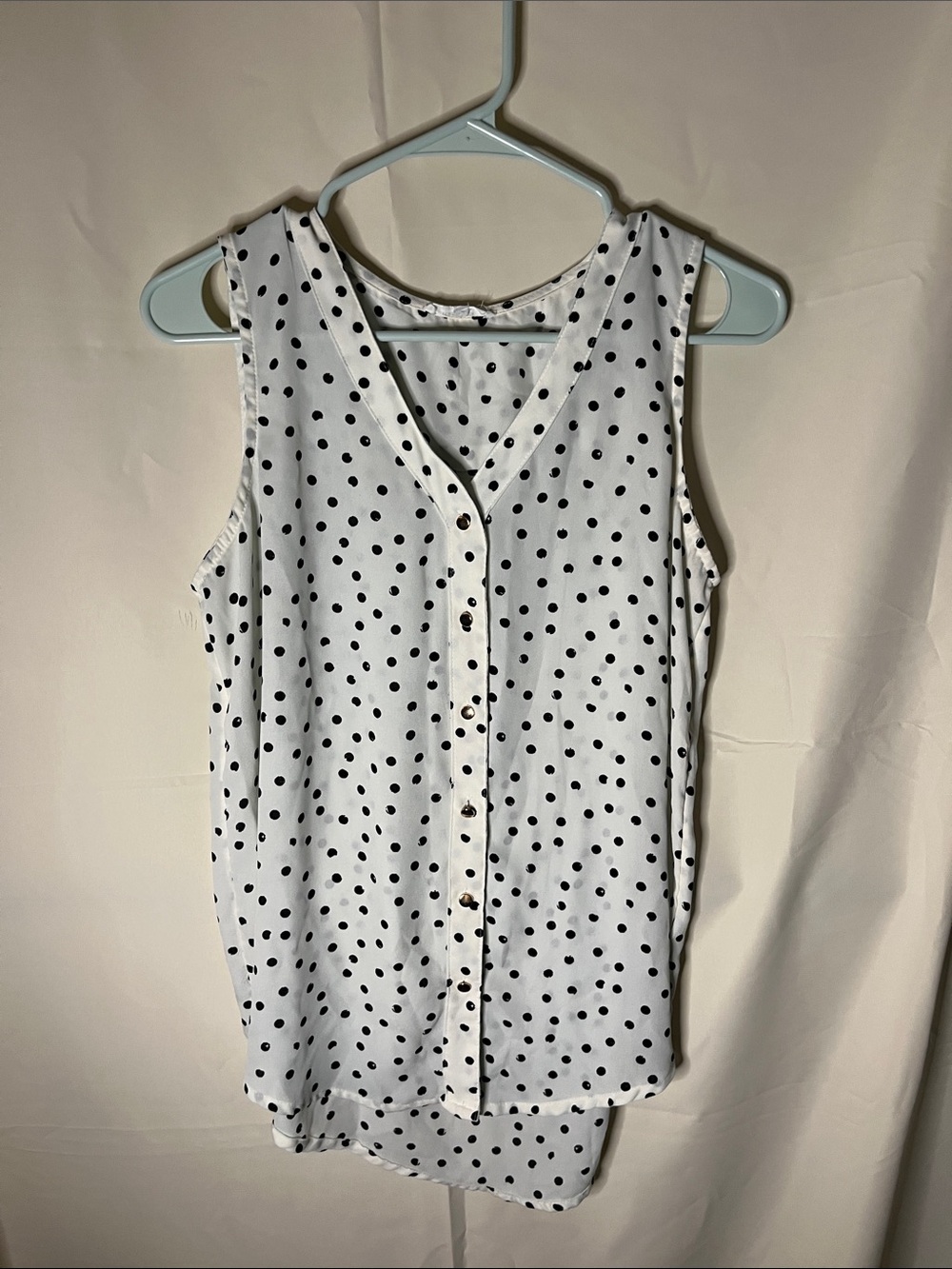 Sleeveless White Polka Dot Button-Down Blouse
